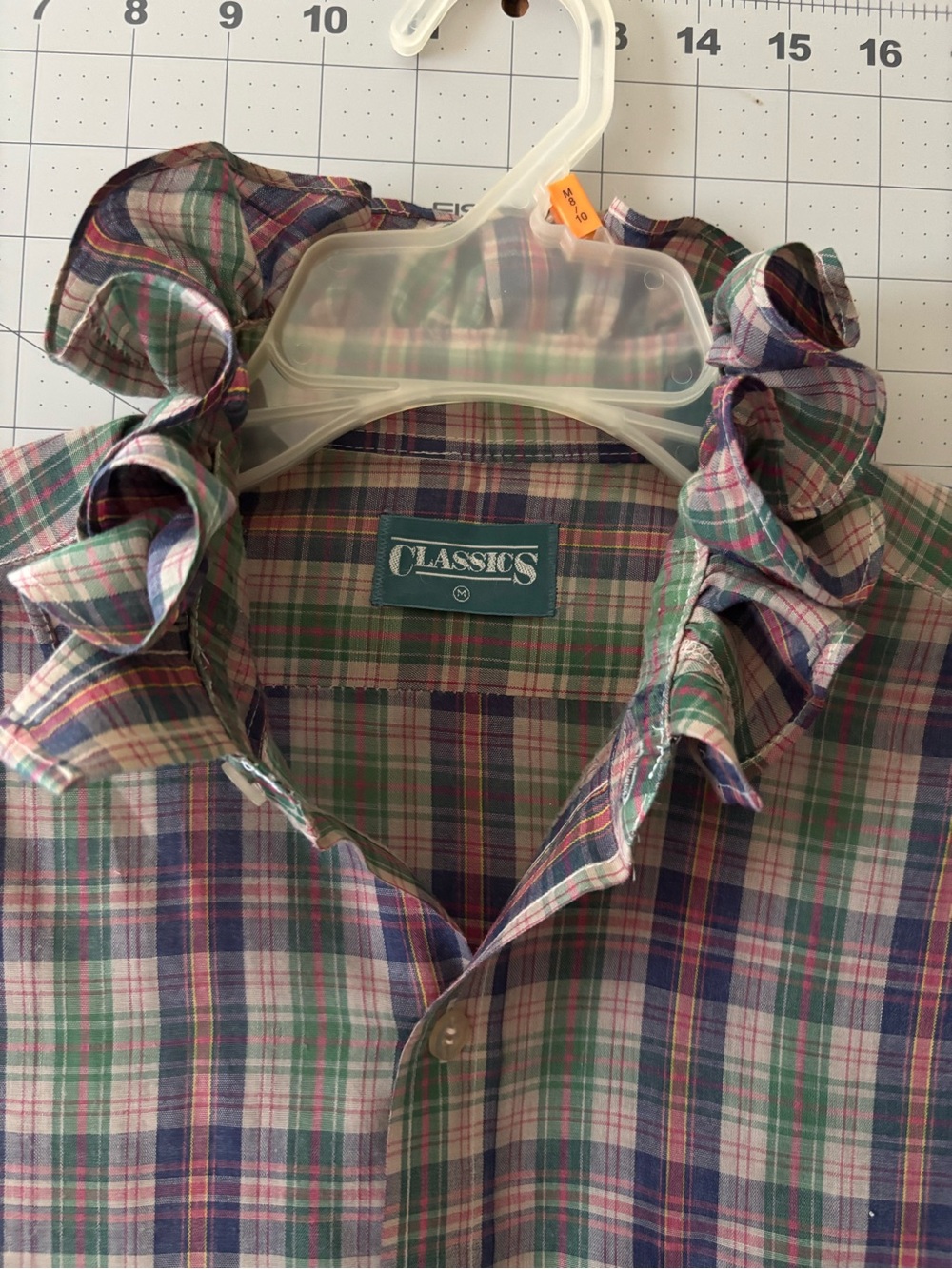Upcycled Classic Plaid Button-Down Shirt — Green, Blue, Pink with collar ruffles